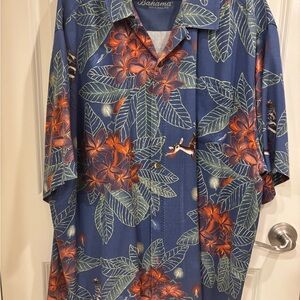 Tommy Bahama Blue Shirt with Orange Floral Design
